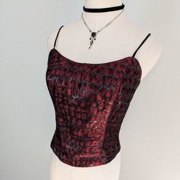 Vintage Corset Top Bodice Tan Satin Goth 90S Y2K Metallic Red Silver Black 4 - Picture 1 of 11